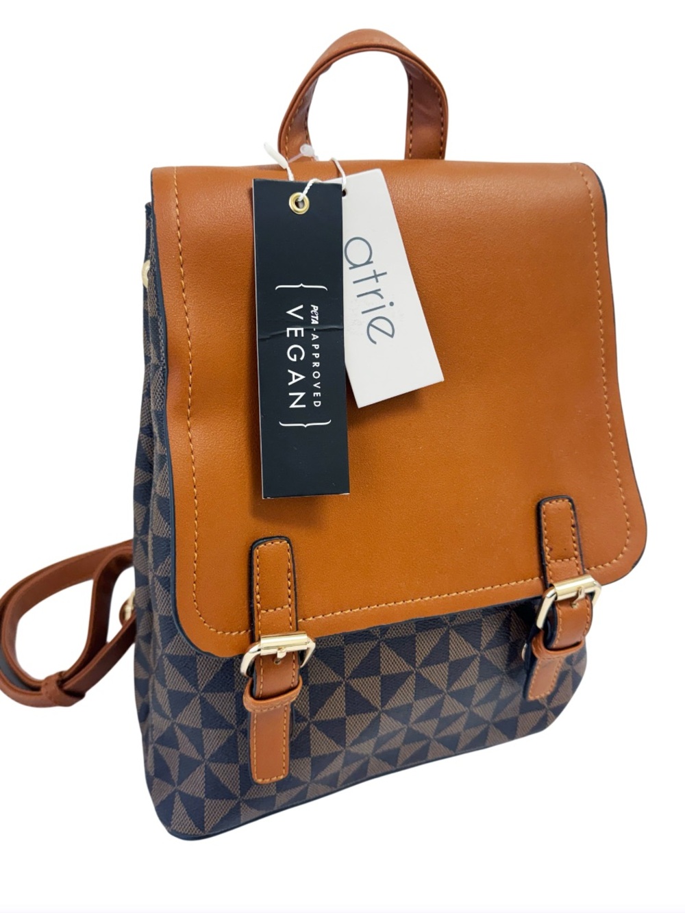 ATRIE vegan leather geometric fashion backpack, brown and beige Front Flap NWT